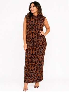 SHEIN Curve Rust Brown and Black Sleeveless Midi Dress with Baroque Print
